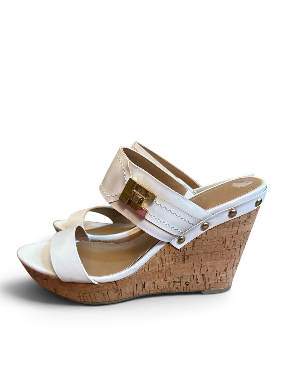 Tommy Hilfiger WHITE CORK WEDGE GOLD SANDAL 8.5 New!